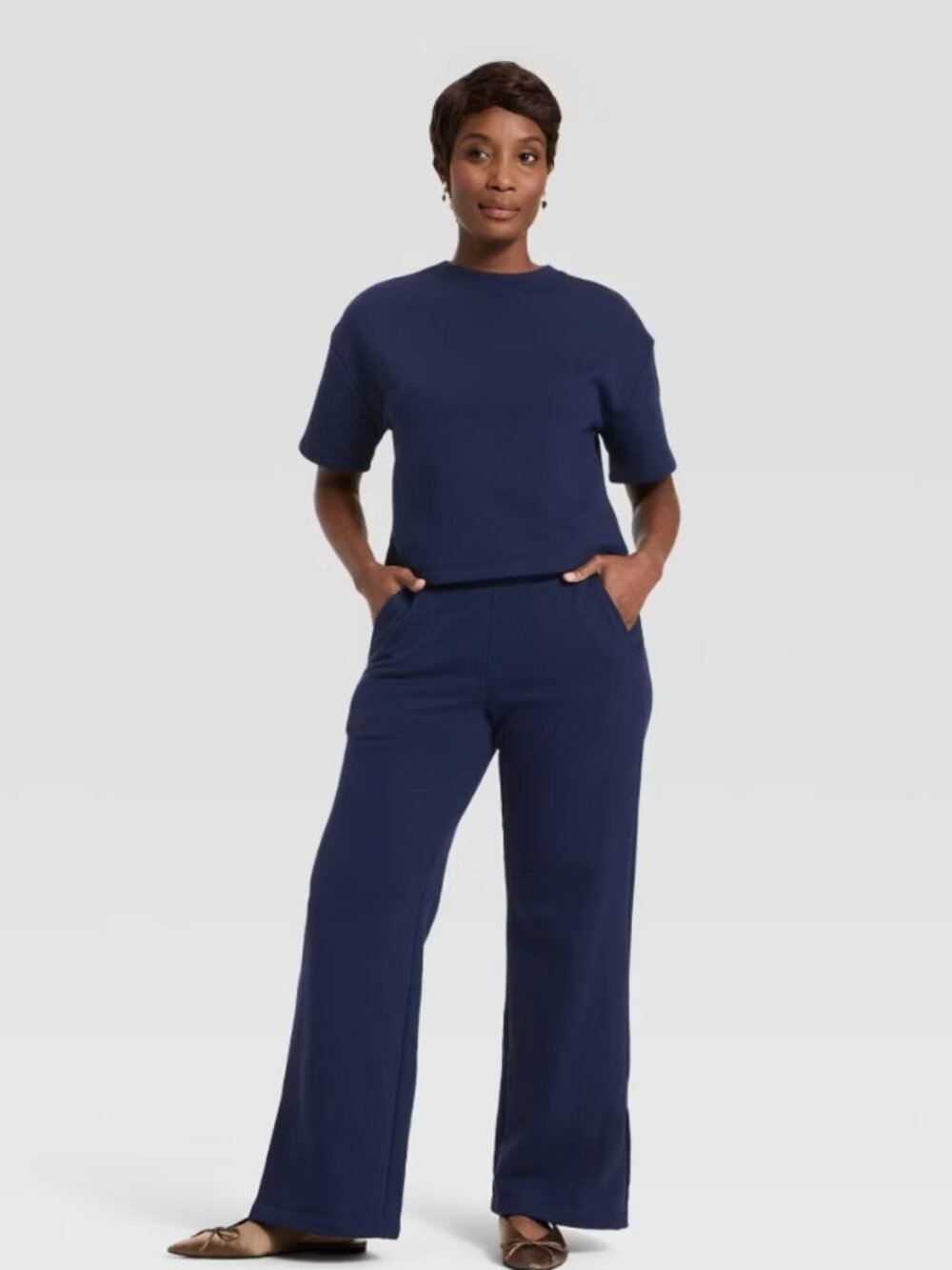 NWT A New Day Womens S Navy Blue Mid-Rise Wide Leg French Terry Pants